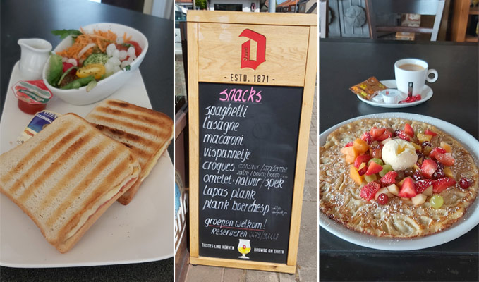 Croque Mosieur, Uitgangbord met snacks, Pannenkoek met fruit en koffie